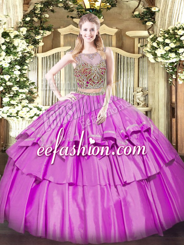 Trendy Lilac Two Pieces Organza and Taffeta Scoop Sleeveless Beading and Ruffled Layers Floor Length Lace Up Quinceanera Dress