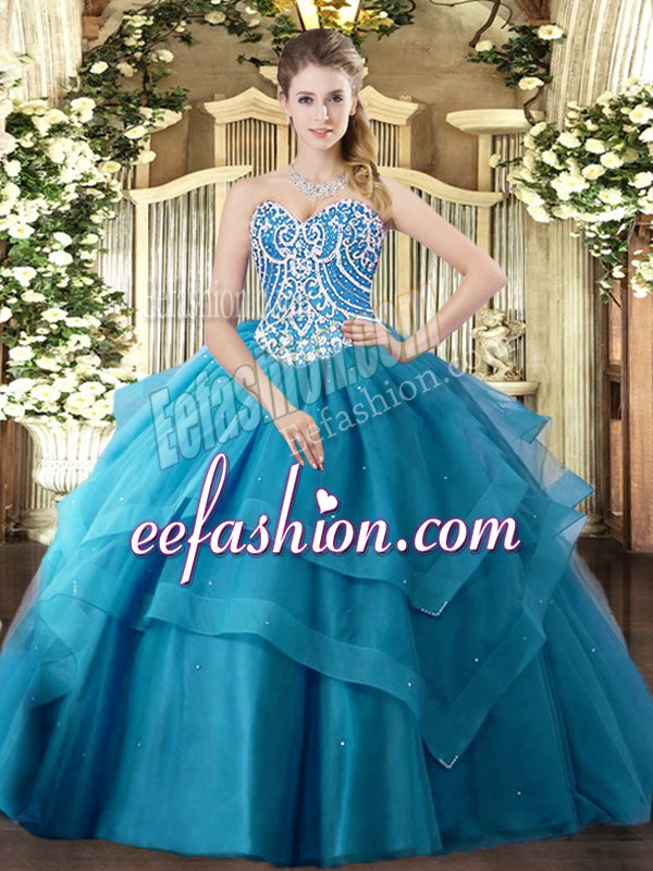  Teal Ball Gowns Tulle Sweetheart Sleeveless Beading and Ruffled Layers Floor Length Lace Up Ball Gown Prom Dress