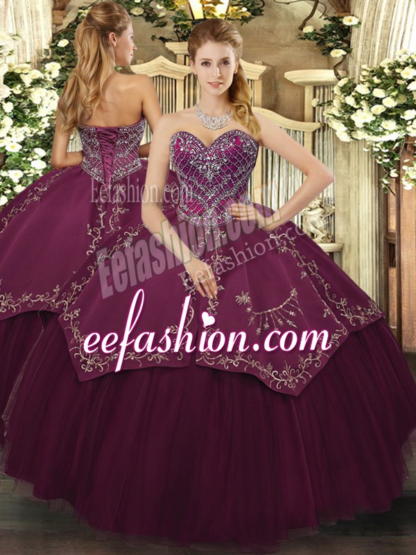 Glittering Sleeveless Floor Length Beading and Pattern Lace Up Quinceanera Dress with Burgundy