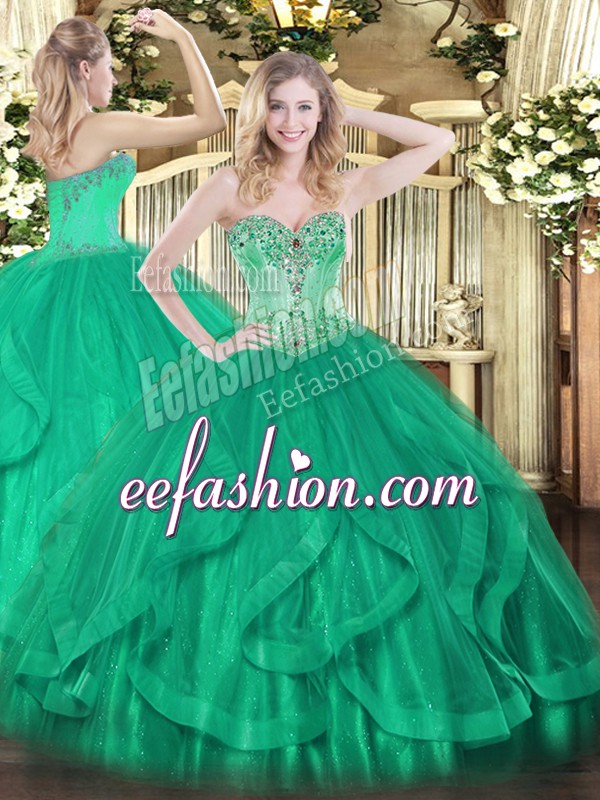  Turquoise Sweetheart Neckline Beading and Ruffles Quince Ball Gowns Sleeveless Lace Up