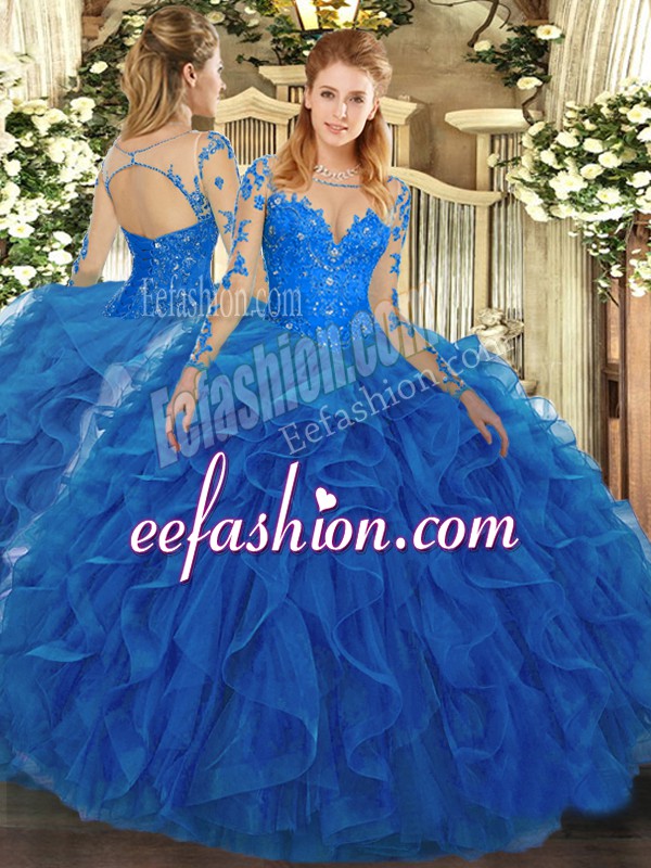 Eye-catching Blue Ball Gowns Scoop Long Sleeves Tulle Floor Length Lace Up Lace and Ruffles Quinceanera Dress