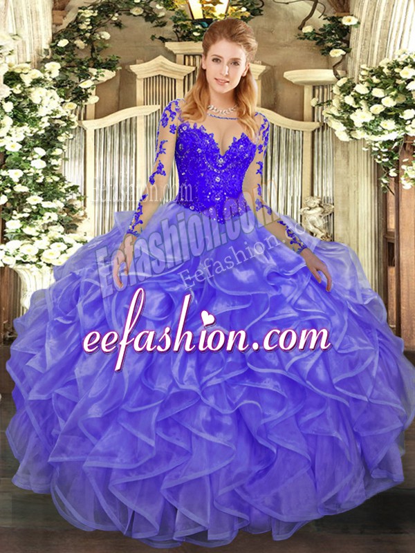 Spectacular Scoop Long Sleeves Lace Up Sweet 16 Dresses Lavender Organza