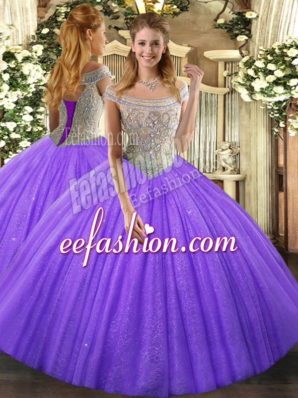 Super Lavender Ball Gowns Off The Shoulder Sleeveless Tulle Floor Length Lace Up Beading Ball Gown Prom Dress