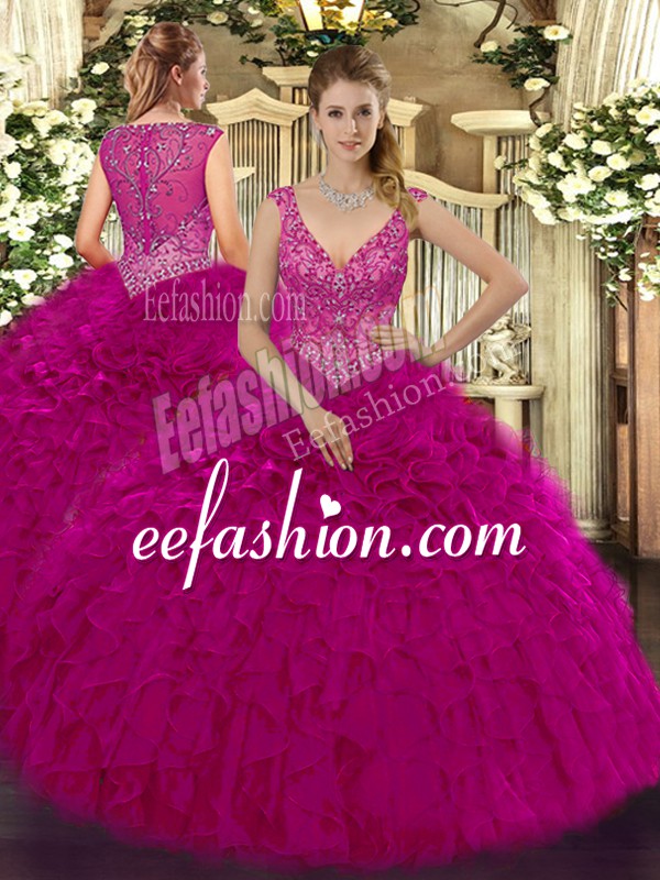  Floor Length Zipper 15 Quinceanera Dress Fuchsia for Military Ball and Sweet 16 and Quinceanera with Beading and Ruffles