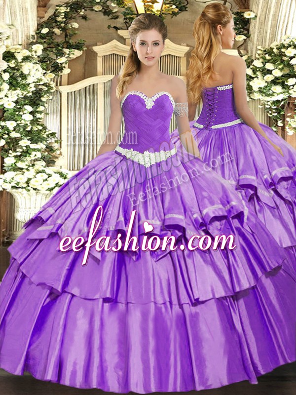  Sleeveless Organza and Taffeta Floor Length Lace Up Sweet 16 Quinceanera Dress in Lavender with Appliques and Ruffled Layers