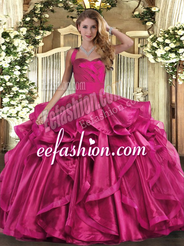  Fuchsia Quinceanera Dresses Military Ball and Sweet 16 and Quinceanera with Ruffles Halter Top Sleeveless Lace Up