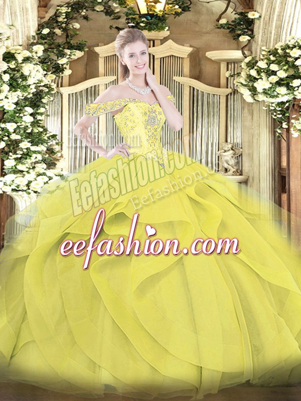  Yellow Ball Gown Prom Dress Military Ball and Sweet 16 and Quinceanera with Beading and Ruffles Off The Shoulder Sleeveless Lace Up
