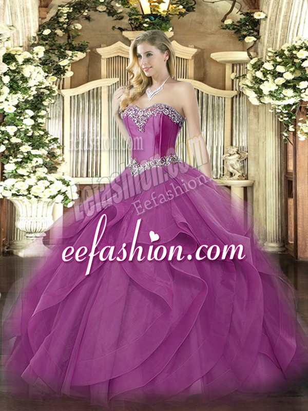 Amazing Fuchsia Lace Up Sweetheart Beading and Ruffles Sweet 16 Quinceanera Dress Tulle Sleeveless