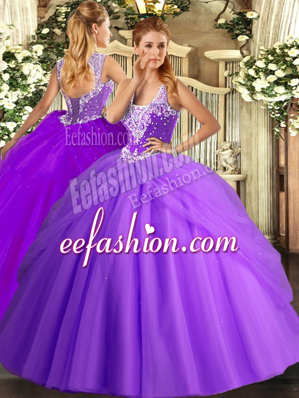 Straps Sleeveless Lace Up 15 Quinceanera Dress Lavender Tulle