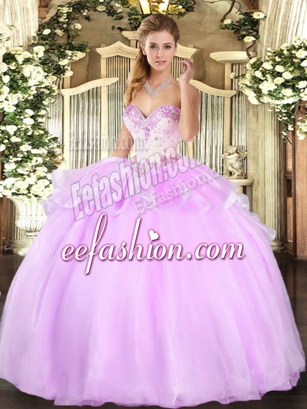  Lilac Ball Gowns Beading Sweet 16 Dresses Lace Up Organza Sleeveless Floor Length