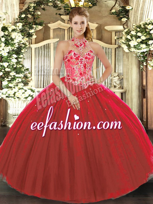 Custom Made Halter Top Sleeveless Sweet 16 Quinceanera Dress Floor Length Embroidery Red Tulle