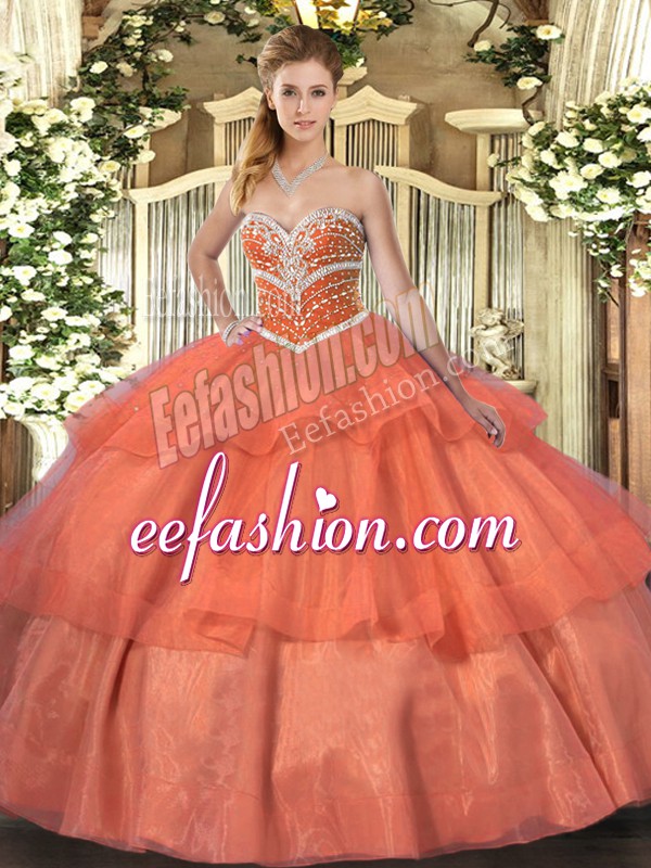 Adorable Orange Red Quinceanera Gowns Military Ball and Sweet 16 and Quinceanera with Beading and Ruffled Layers Sweetheart Sleeveless Lace Up