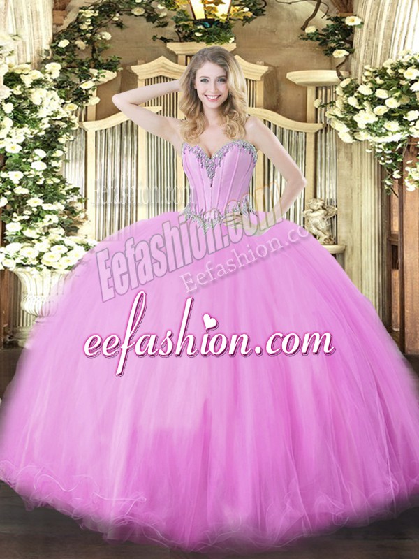  Sleeveless Floor Length Beading Lace Up Sweet 16 Quinceanera Dress with Lilac