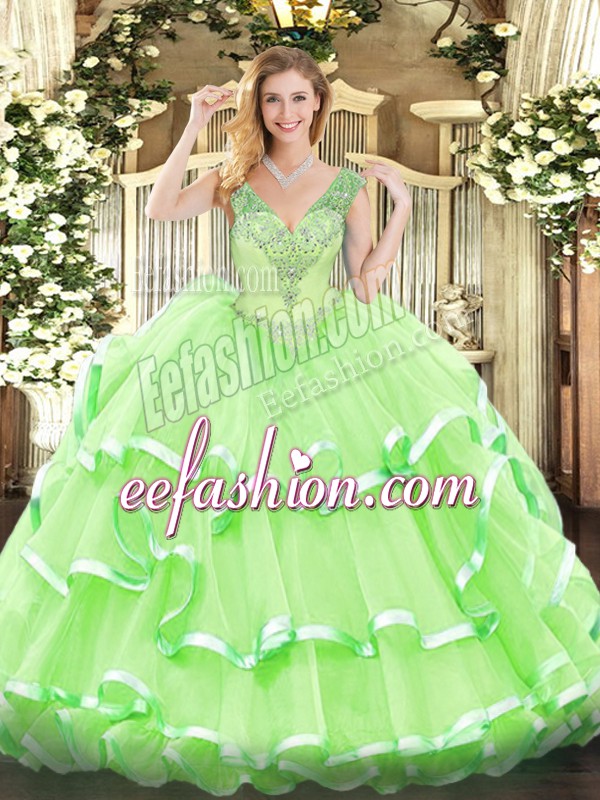  Sleeveless Floor Length Beading and Ruffled Layers Lace Up Vestidos de Quinceanera with 