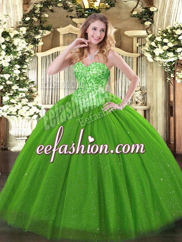  Sleeveless Floor Length Appliques Lace Up Quinceanera Gown with Green