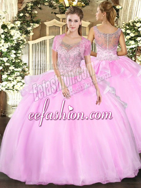 Fashion Sleeveless Tulle Floor Length Clasp Handle Sweet 16 Quinceanera Dress in Baby Pink with Beading and Ruffles
