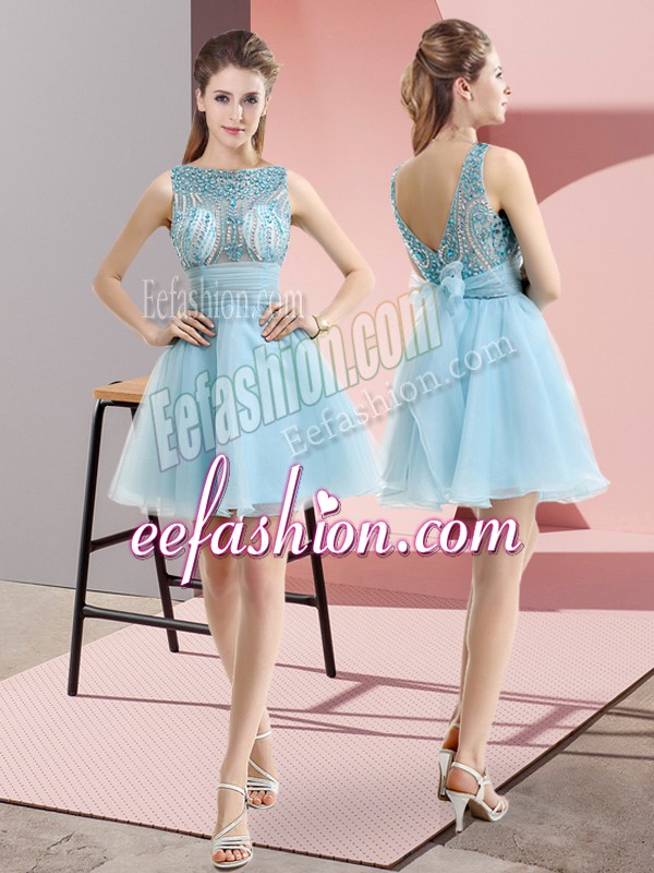  Tulle Bateau Sleeveless Backless Beading and Belt Prom Party Dress in Aqua Blue