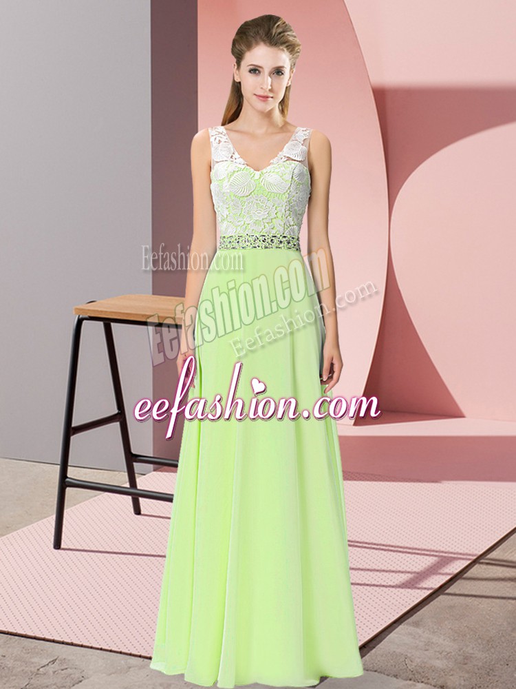  Yellow Green Empire Chiffon V-neck Sleeveless Beading Floor Length Backless Prom Dresses
