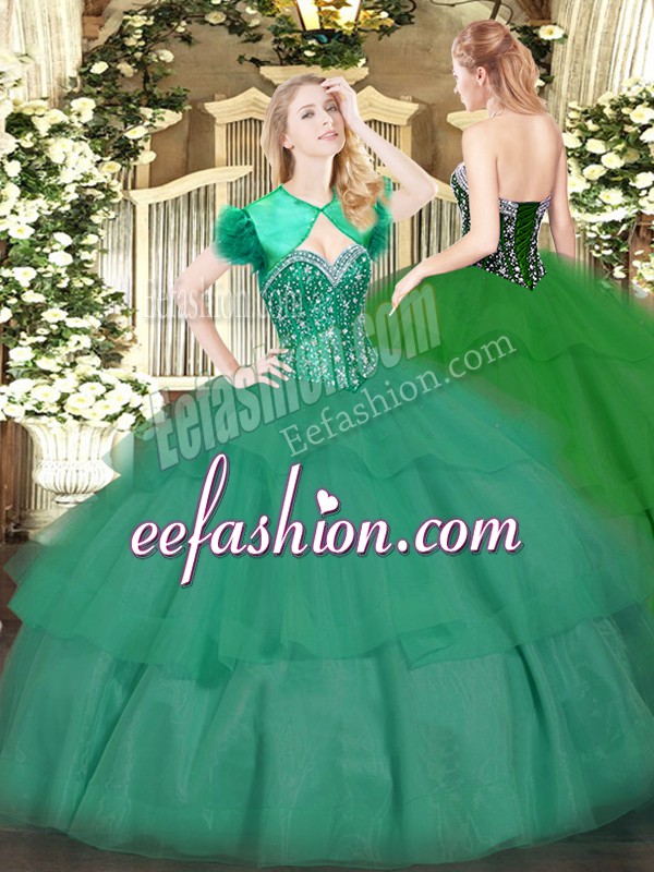  Turquoise Ball Gowns Beading and Ruffled Layers Ball Gown Prom Dress Lace Up Tulle Sleeveless Floor Length