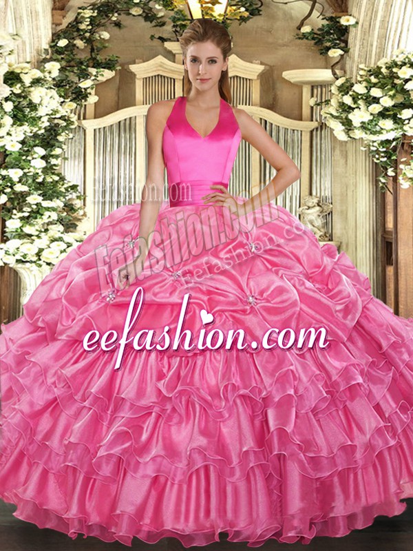 Graceful Organza Sleeveless Floor Length Ball Gown Prom Dress and Ruffled Layers and Pick Ups