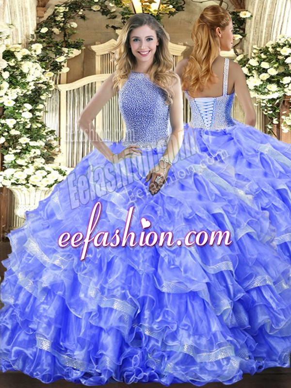 Modest Sleeveless Organza Floor Length Lace Up Quinceanera Gowns in Blue with Beading and Ruffled Layers