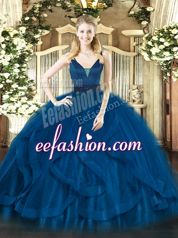  Floor Length Zipper Ball Gown Prom Dress Royal Blue for Military Ball and Sweet 16 and Quinceanera with Beading and Ruffles