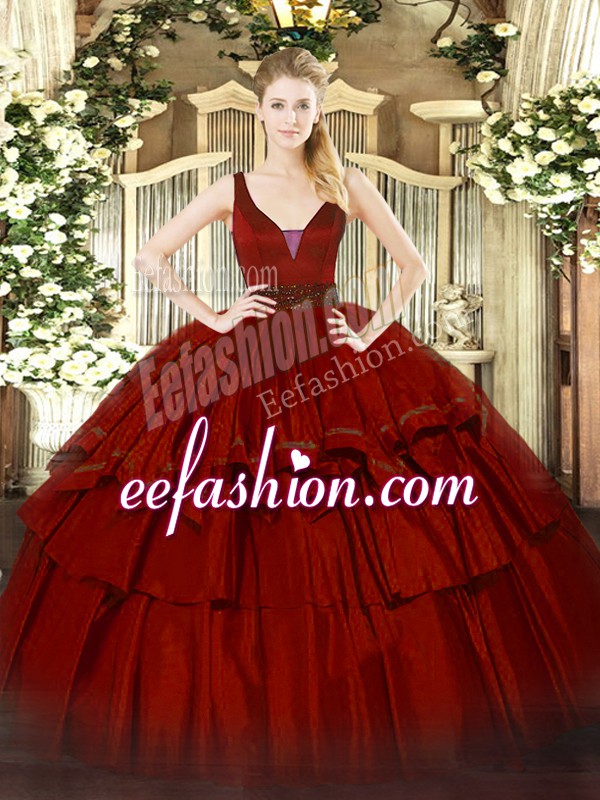 Suitable Floor Length Zipper 15 Quinceanera Dress Wine Red for Military Ball and Sweet 16 and Quinceanera with Beading and Ruffled Layers
