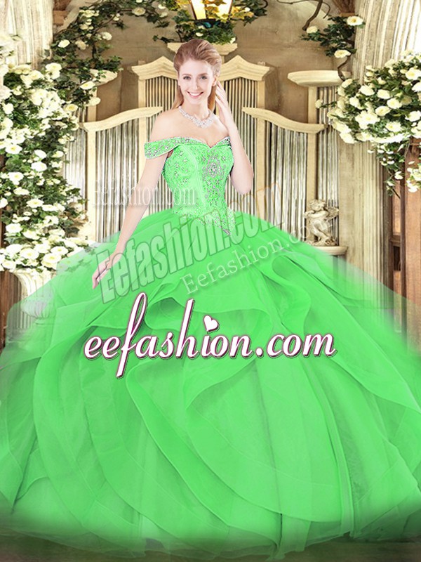 Vintage Green Sleeveless Floor Length Beading and Ruffles Lace Up Quinceanera Dress