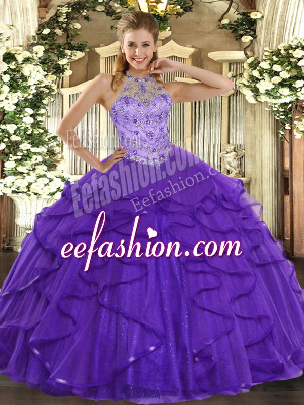  Purple Sleeveless Beading and Ruffles Floor Length Sweet 16 Quinceanera Dress