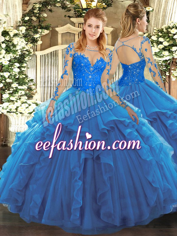Amazing Blue Ball Gowns Lace and Ruffles Quince Ball Gowns Lace Up Tulle Long Sleeves Floor Length