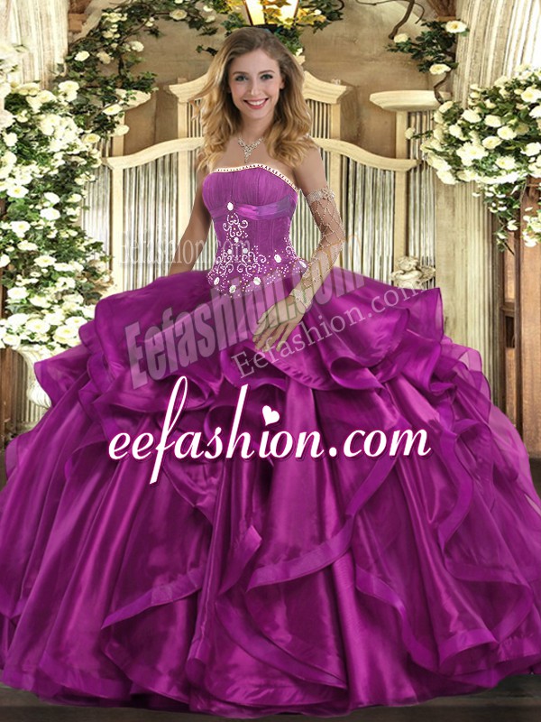  Fuchsia Ball Gowns Strapless Sleeveless Organza Floor Length Lace Up Beading and Ruffles Ball Gown Prom Dress