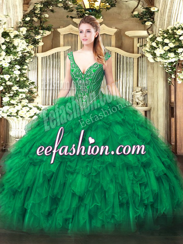  Green Organza Lace Up V-neck Sleeveless Floor Length Sweet 16 Dress Beading and Ruffles