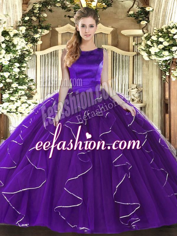  Tulle Scoop Sleeveless Lace Up Ruffles 15 Quinceanera Dress in Purple