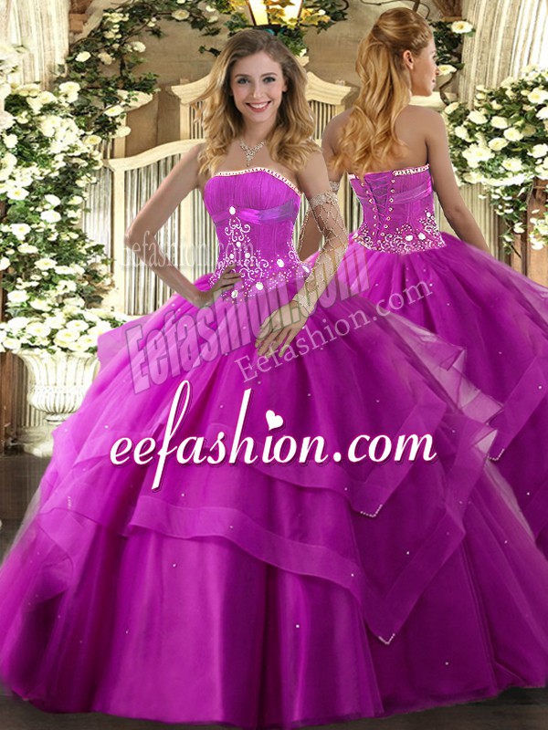  Fuchsia Strapless Neckline Beading and Ruffled Layers Quinceanera Dress Sleeveless Lace Up