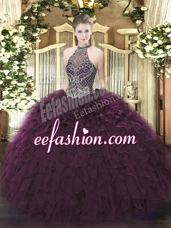  Dark Purple Ball Gowns Beading and Ruffles Quinceanera Gown Lace Up Organza Sleeveless Floor Length