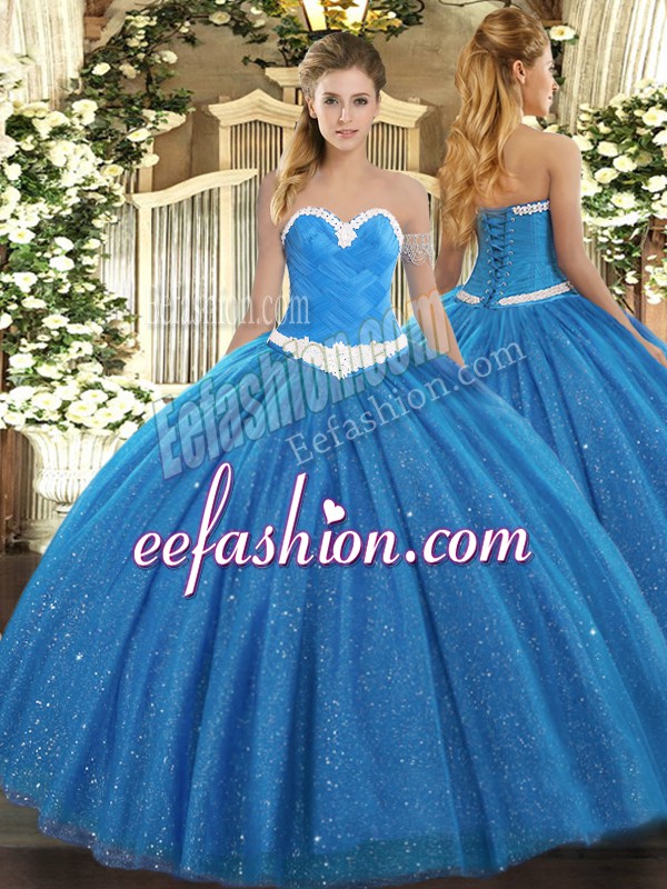 Fabulous Tulle Sweetheart Sleeveless Lace Up Appliques Sweet 16 Dress in Blue