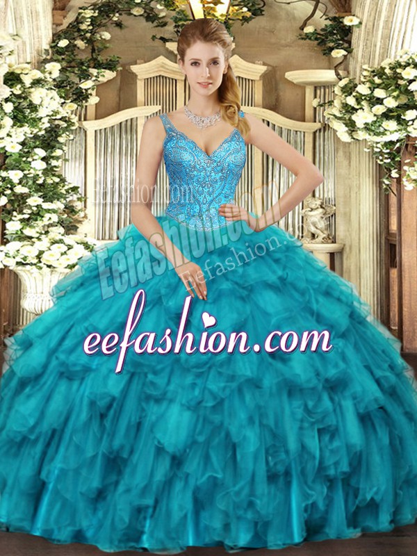 Flare Teal Ball Gowns Organza V-neck Sleeveless Beading and Ruffles Floor Length Lace Up Vestidos de Quinceanera