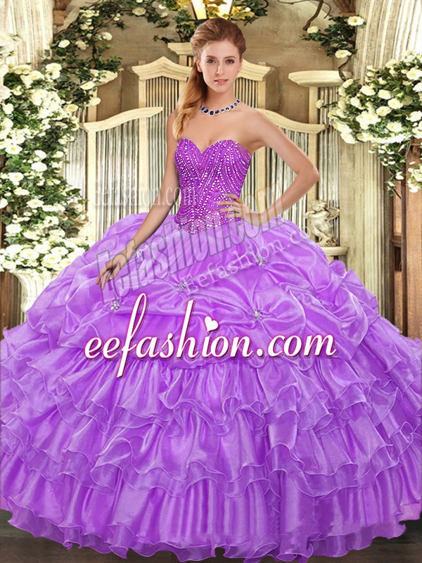  Lavender 15 Quinceanera Dress Military Ball and Sweet 16 and Quinceanera with Beading and Ruffled Layers and Pick Ups Sweetheart Sleeveless Lace Up