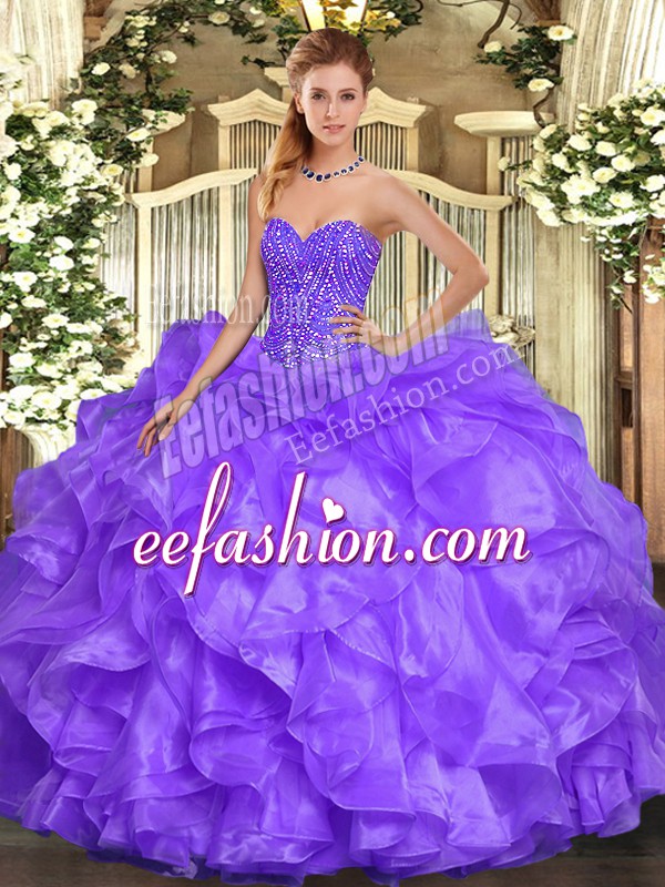 Flirting Lavender Quinceanera Gowns Military Ball and Sweet 16 and Quinceanera with Beading and Ruffles Sweetheart Sleeveless Lace Up