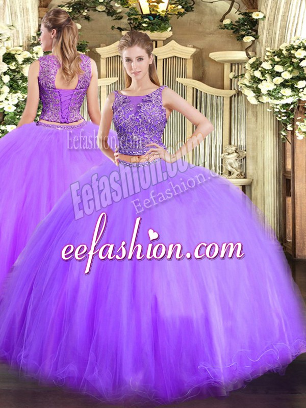 Deluxe Lavender Two Pieces Beading 15 Quinceanera Dress Lace Up Tulle Sleeveless Floor Length
