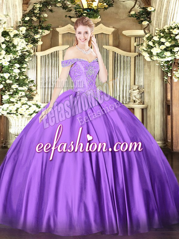 Stylish Floor Length Lace Up Sweet 16 Dress Purple for Military Ball and Sweet 16 and Quinceanera with Beading