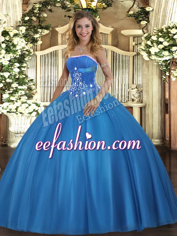 High End Baby Blue Ball Gowns Strapless Sleeveless Tulle Floor Length Lace Up Beading Vestidos de Quinceanera