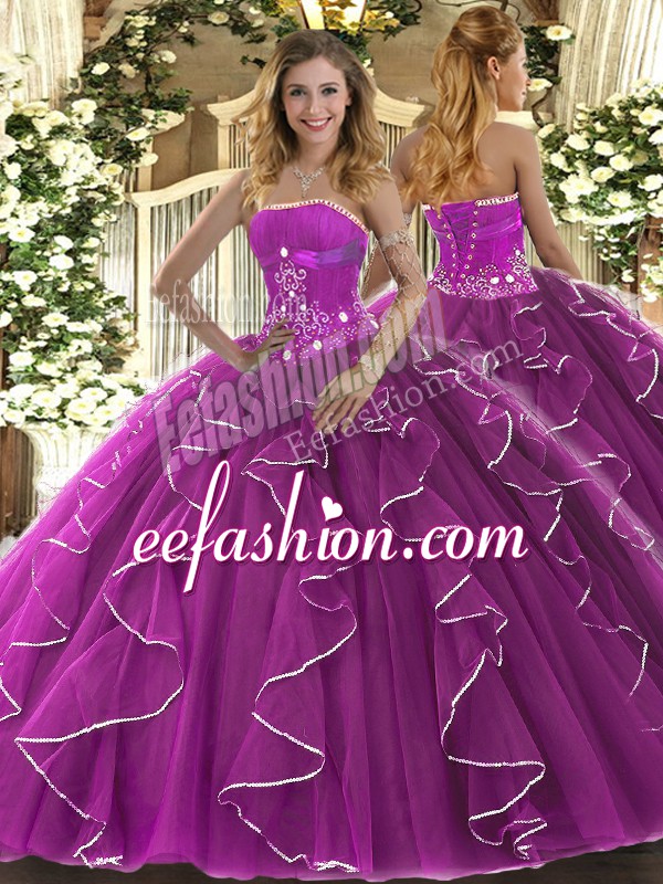 Fashionable Beading and Ruffles Sweet 16 Quinceanera Dress Fuchsia Lace Up Sleeveless Floor Length