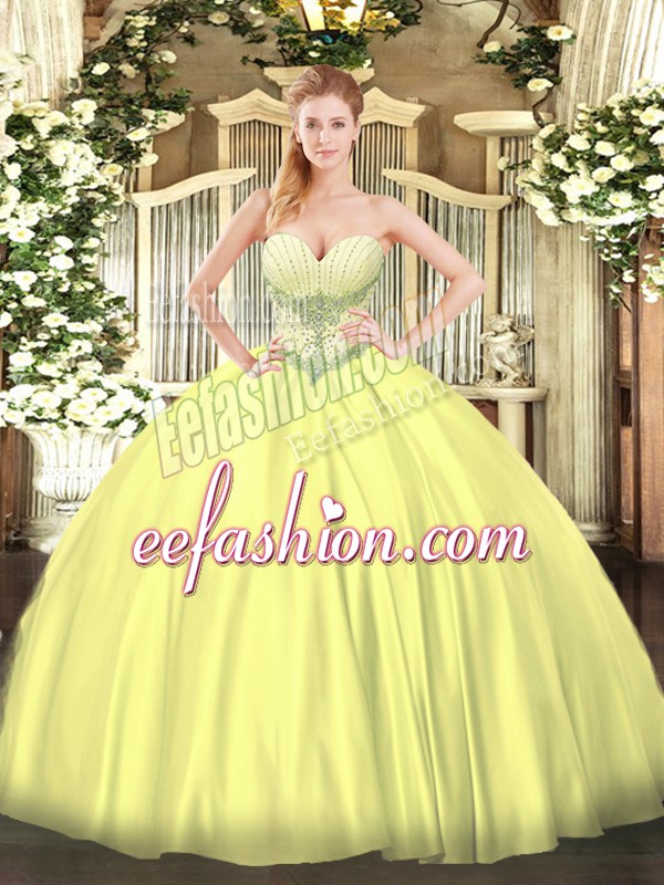 Gorgeous Sleeveless Floor Length Beading Lace Up 15 Quinceanera Dress with Yellow