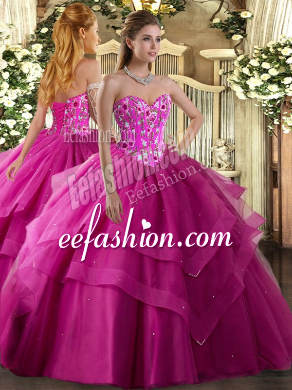 Stylish Tulle Sweetheart Sleeveless Lace Up Embroidery and Ruffled Layers 15 Quinceanera Dress in Fuchsia