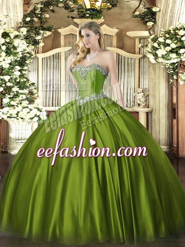  Floor Length Lace Up Sweet 16 Dresses Olive Green for Military Ball and Sweet 16 and Quinceanera with Beading