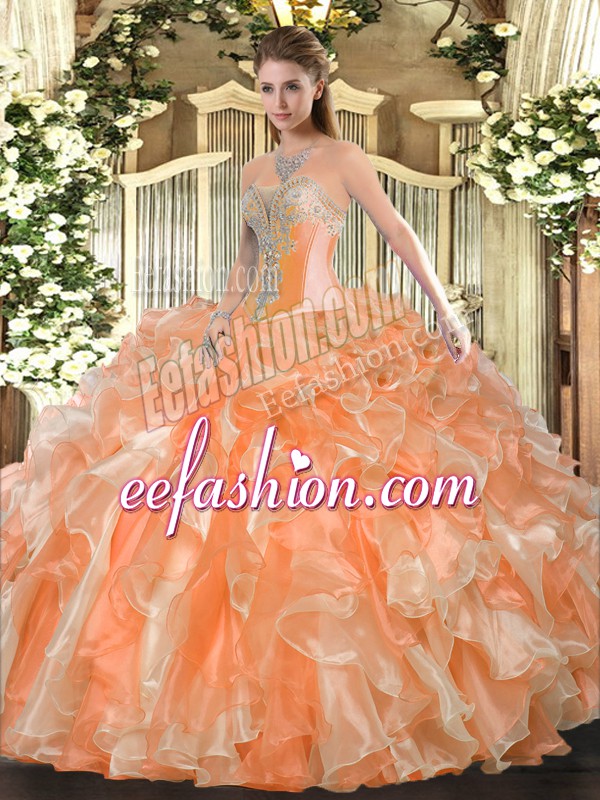 Fitting Orange Lace Up 15th Birthday Dress Beading and Ruffles Sleeveless Floor Length