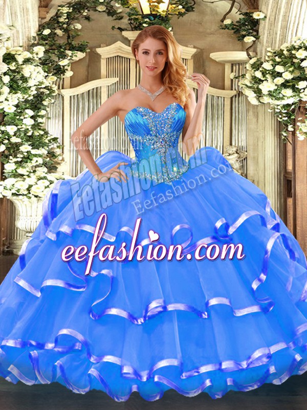 Affordable Sleeveless Organza Floor Length Lace Up 15th Birthday Dress in Blue with Beading and Ruffled Layers