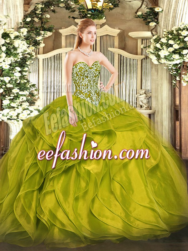  Olive Green Sleeveless Organza Lace Up Quinceanera Gowns for Military Ball and Sweet 16 and Quinceanera
