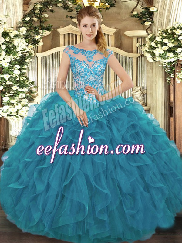 Sexy Teal Ball Gowns Scoop Cap Sleeves Organza Floor Length Lace Up Beading and Ruffles Quinceanera Dress